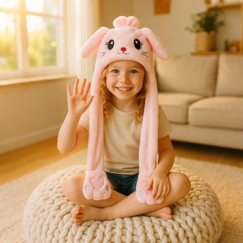 Kids Cat_pink Animal Hat with Ears Moving Jumping Pop Up Beating Plush Holiday - Picture 3 of 9